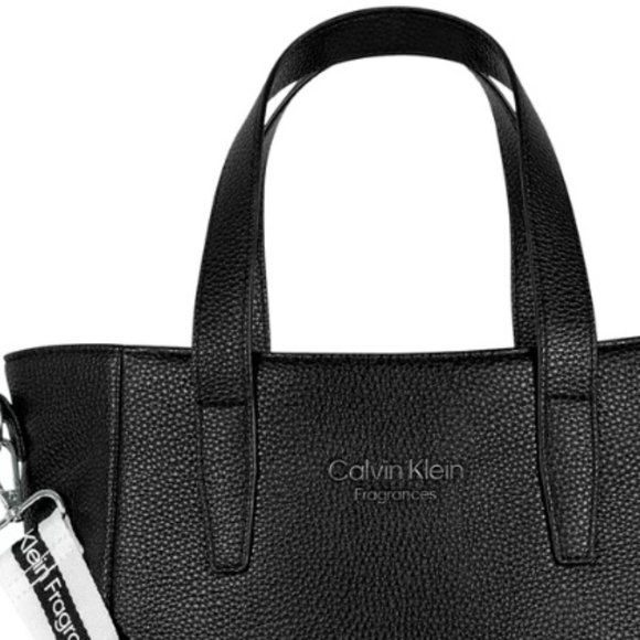 CALVIN KLEIN Leather Tote in Black w. White Logo Strap - Picture 2 of 3